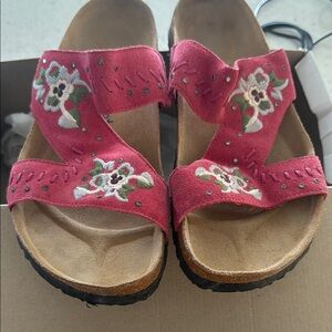 Birkenstock Pink Floral Sandals with Cork Footbed like new